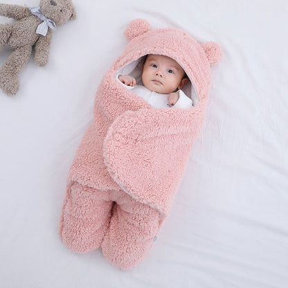 Cute bear hoodie baby sleeping bag, a soft cotton infant swaddle for newborns, baby essentials