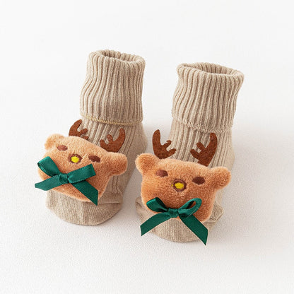 Soft cotton blend baby socks with adorable animal designs, featuring anti-slip grippers for safety.