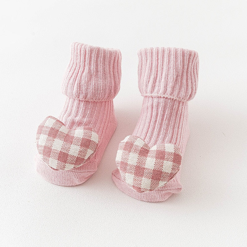 Durable cotton blend anti-slip long socks for babies, with embroidered animal details.