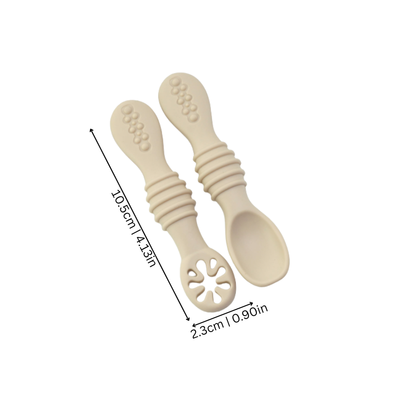 Toddler utensils: a set of soft silicone self-feeding spoons, perfect for baby's first solids.