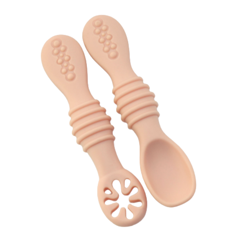 Soft, flexible silicone baby cutlery set, aiding toddlers in their journey to self-feeding.