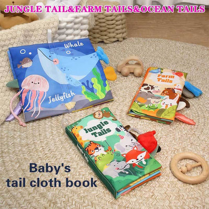 Infant exploring a 'My First Crinkle Book' sensory toy, perfect for tummy time and early development.
