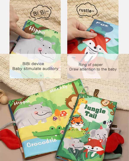 Close-up of a soft touch and feel baby book, featuring crinkle pages and various textures for infants.