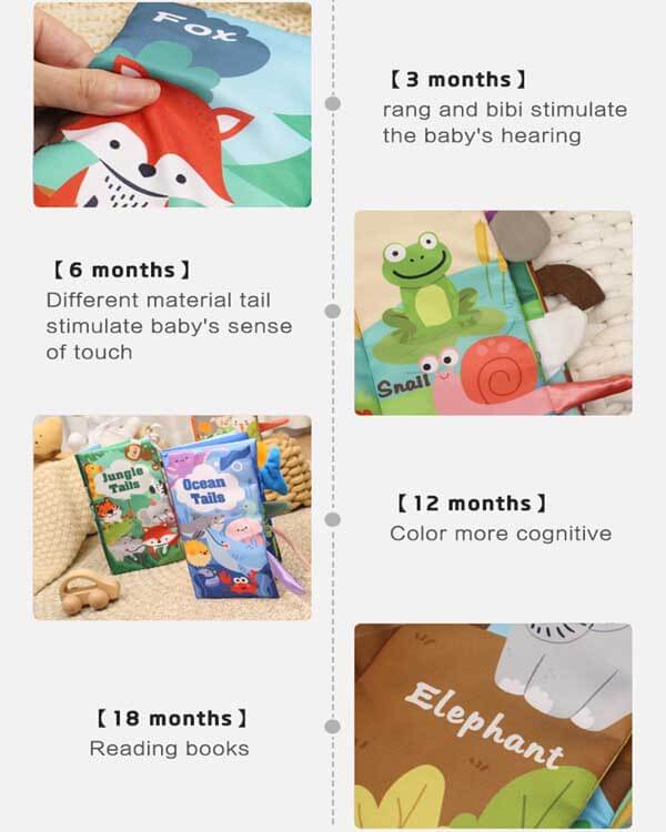 Educational toddler activity: a fabric crinkle book with animal designs, stimulating baby's senses.
