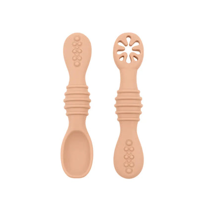 Colorful BPA-free silicone baby spoons, designed for easy gripping by toddlers and gentle feeding.