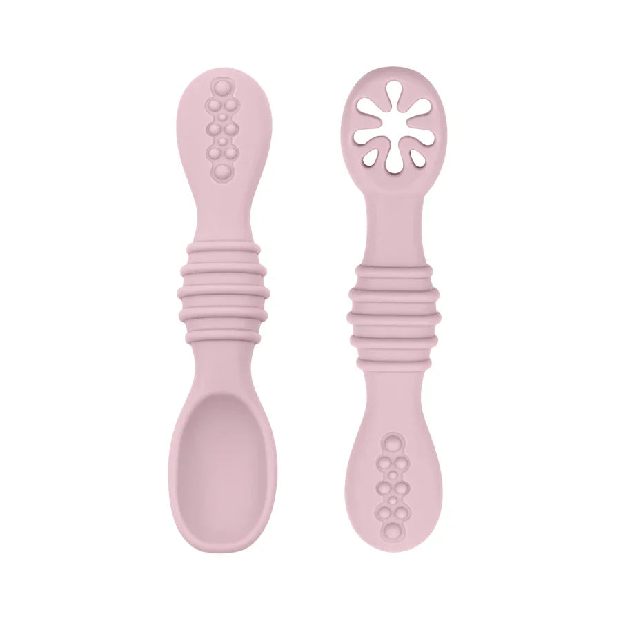 Assortment of silicone baby spoons, non-toxic, ideal for baby-led weaning and infant feeding.