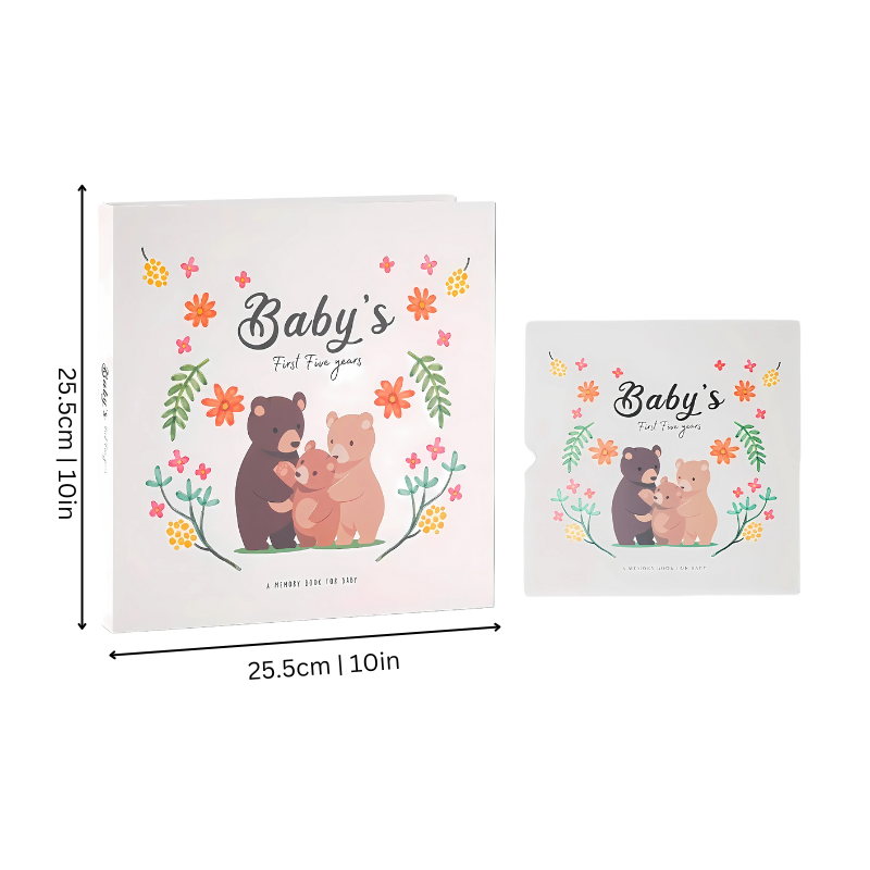 Open Baby's First Years Memory Book showing pages for milestones and photos, neutral design