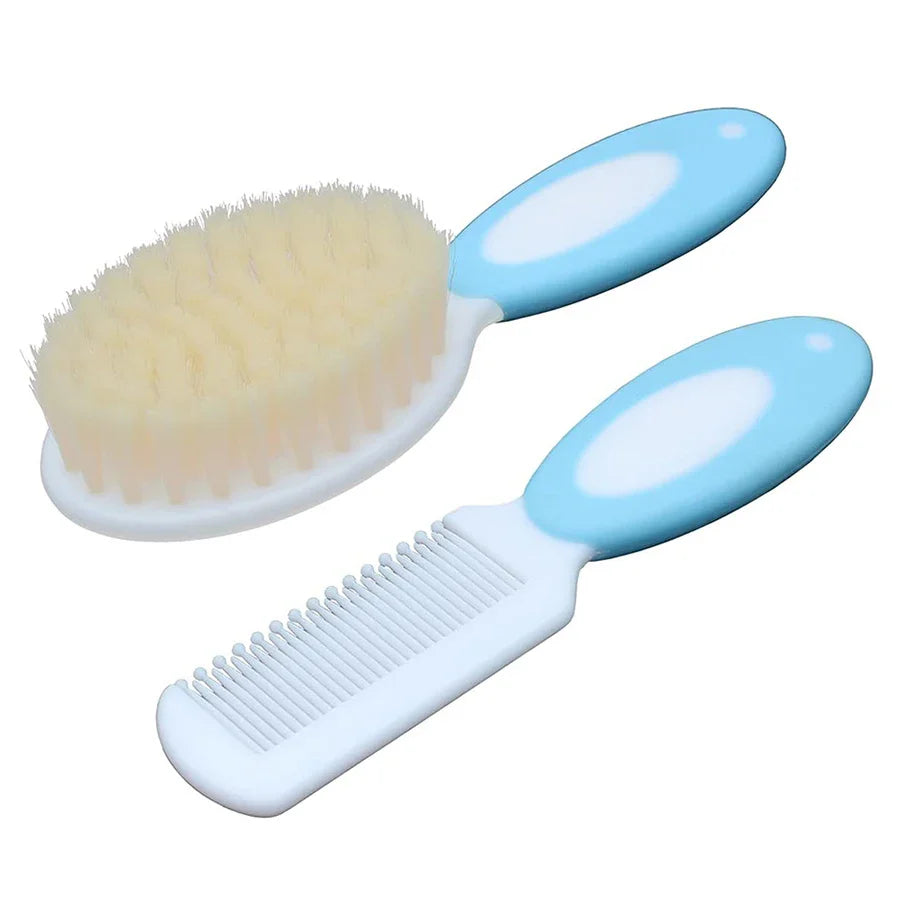 Baby grooming set: gentle brush & comb, a nursery essential for soft infant hair, placed on a changing table.