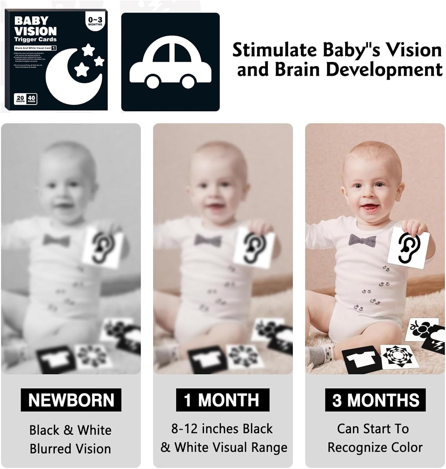 Baby gripping a high-contrast visual development book, perfect for small hands