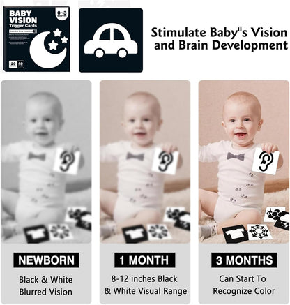 Baby gripping a high-contrast visual development book, perfect for small hands