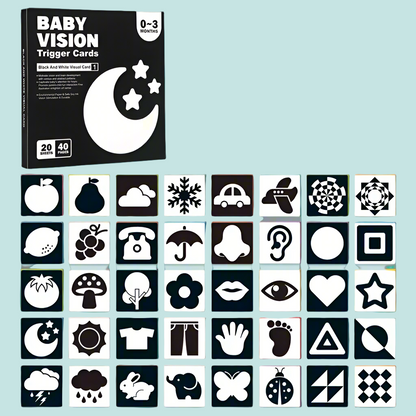 Close-up of baby book open to a high-contrast pattern, promoting infant cognition