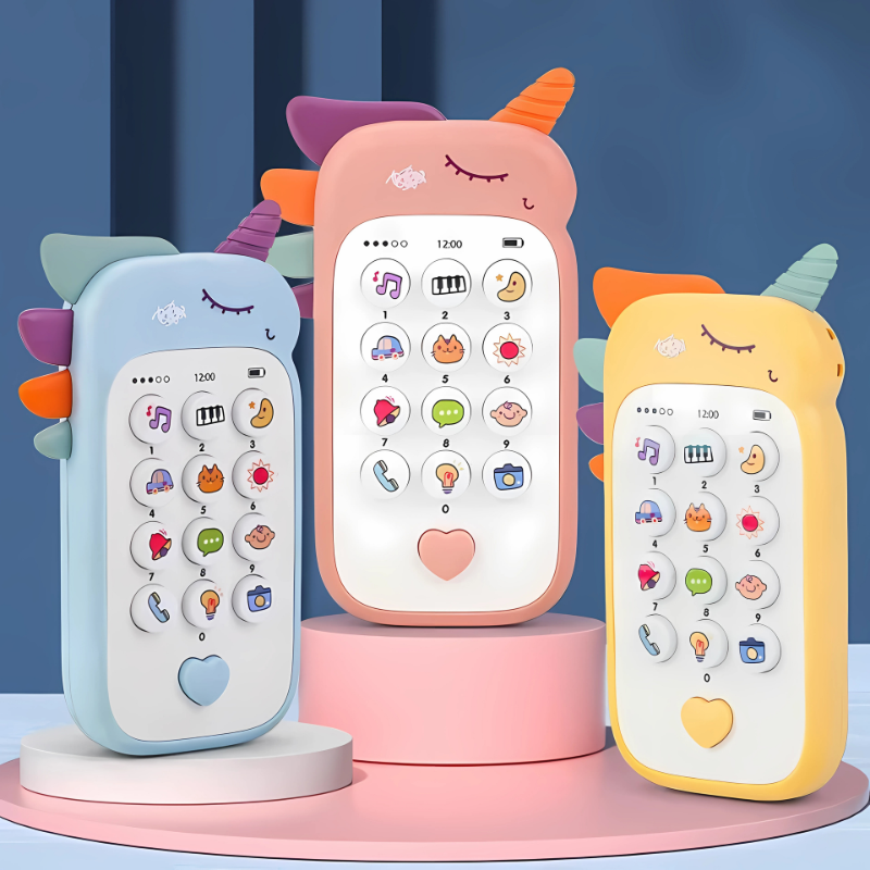Baby's interactive musical toy phone, colorful buttons, teether ears for sensory play. Infant gift.