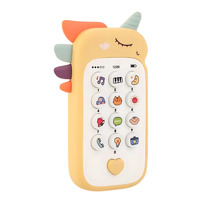 Infant musical toy phone with teether, engaging sensory play for baby development. Bright colors.