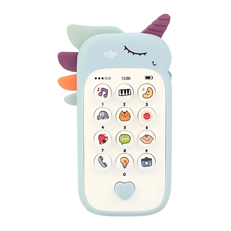 Baby musical phone with teether ears, educational buttons, promoting child sensory development.