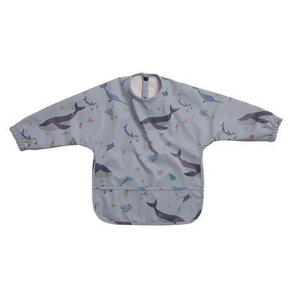 Baby long sleeve bib with adjustable neckline, providing a snug fit for various ages, feeding