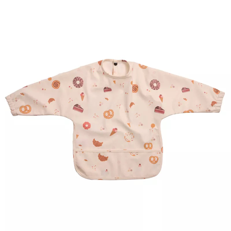 Protective long sleeve baby bib, covering arms and chest during messy self-feeding stages