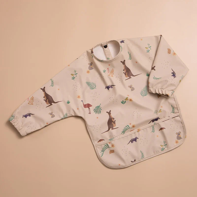 Toddler long sleeve feeding bib, adjustable and soft, for comfortable and mess-free weaning