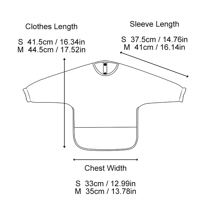 Adjustable long sleeve weaning bib for infants and toddlers, featuring a simple snap closure