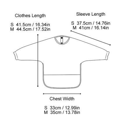 Adjustable long sleeve weaning bib for infants and toddlers, featuring a simple snap closure