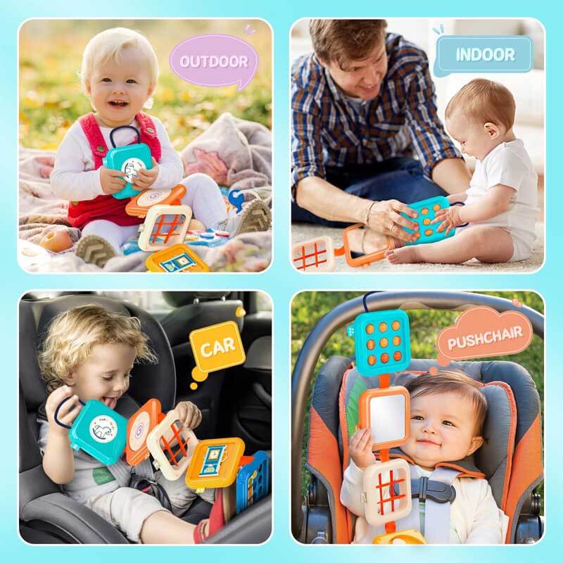 Montessori sensory activity cube for toddlers featuring various textures and educational games, a perfect travel toy