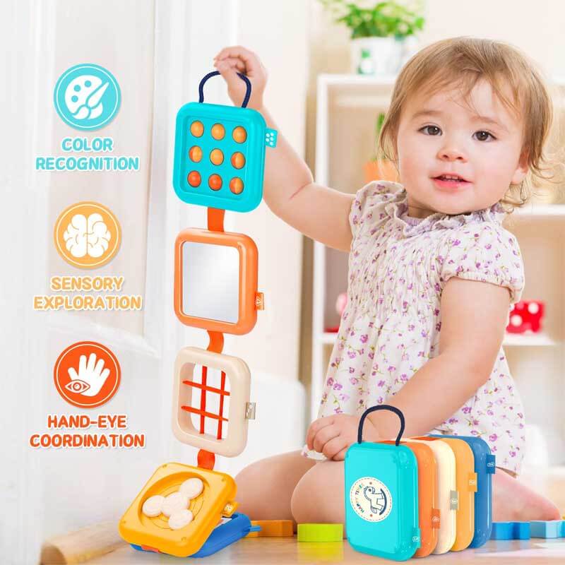 Kids' preschool learning activity cube with sorting blocks, gears, and a clock face to develop cognitive skills