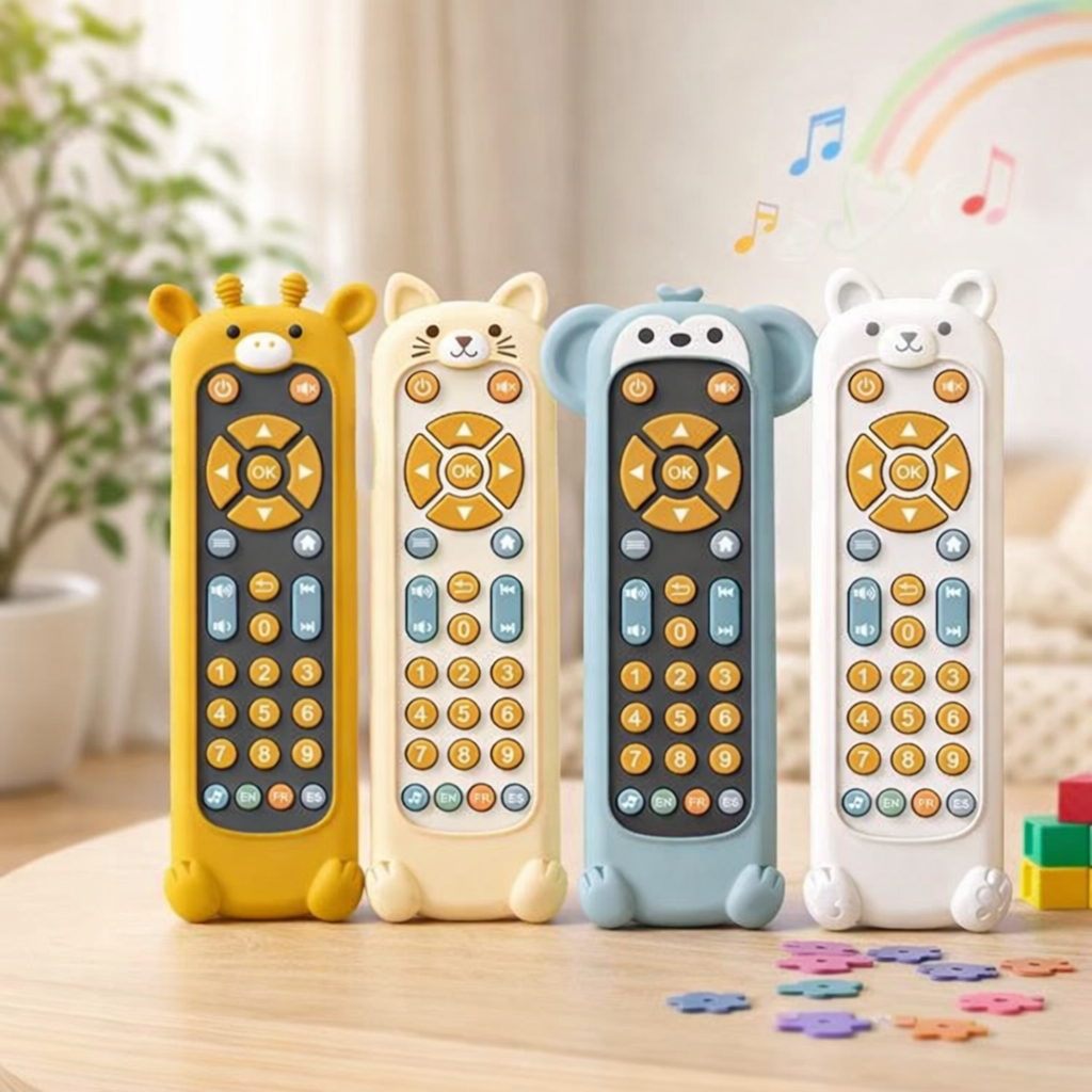 Baby’s musical remote toy for sensory learning, purple with colorful buttons.