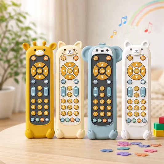 Baby’s musical remote toy for sensory learning, purple with colorful buttons.