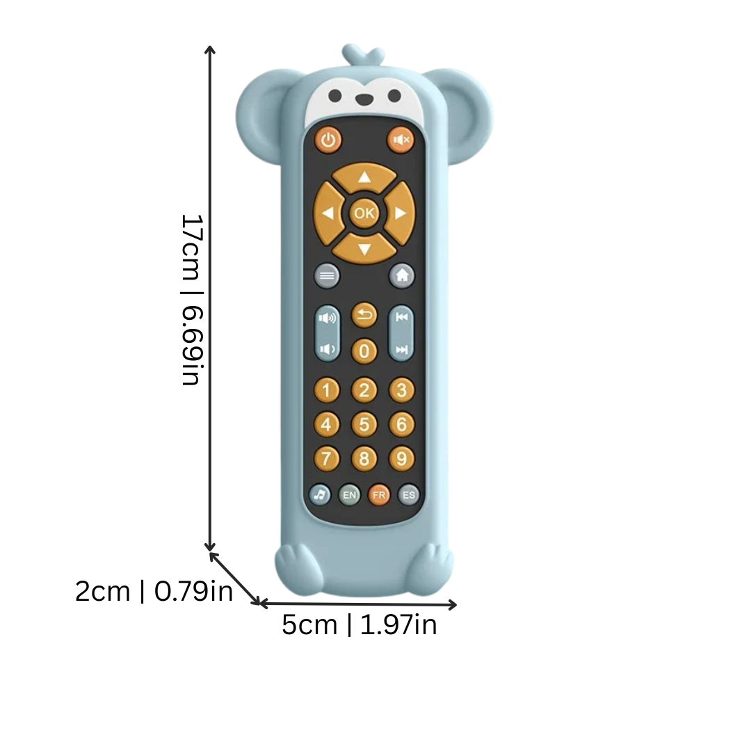 Infant holding a bright yellow musical remote toy for sensory play and development.