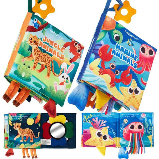 Baby's soft fabric animal tail touch books set, sensory learning for infants, developmental toys.