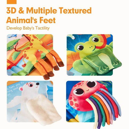 Fabric baby books with textured animal tails, designed for sensory learning and infant play.