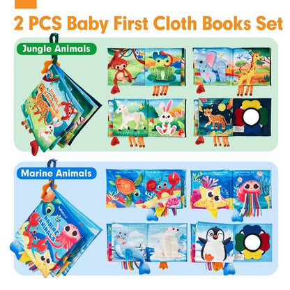 Close-up of a baby's fabric book, showcasing colorful animal tails for tactile exploration.