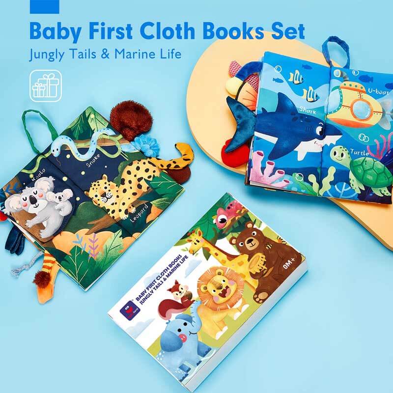 Infant playing with a Soft Fabric Animal Tail Touch Book, encouraging sensory development.