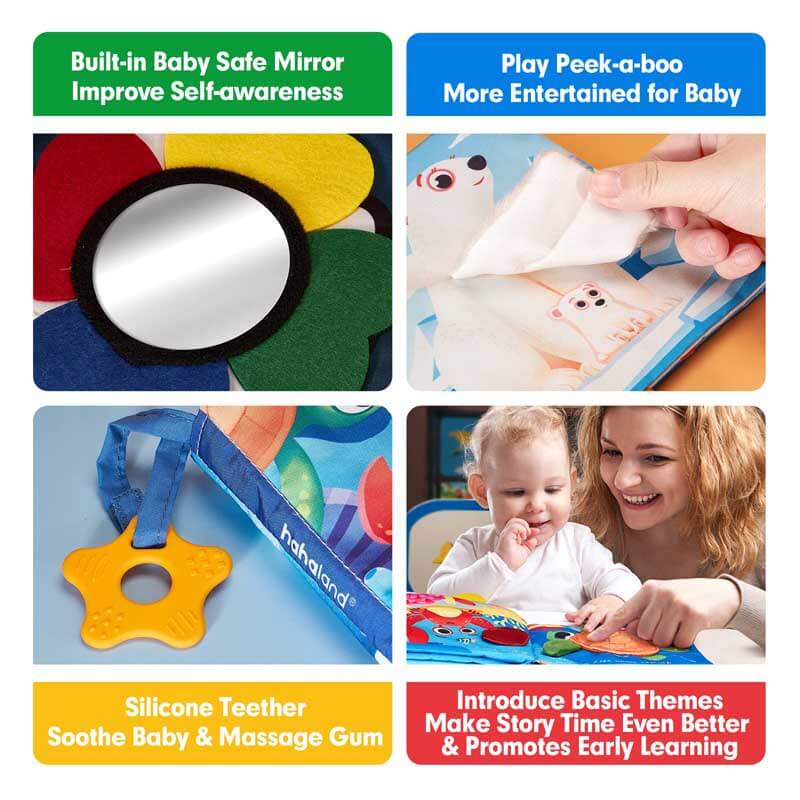 Baby gently touching the soft fabric animal tail in one of the sensory learning books.