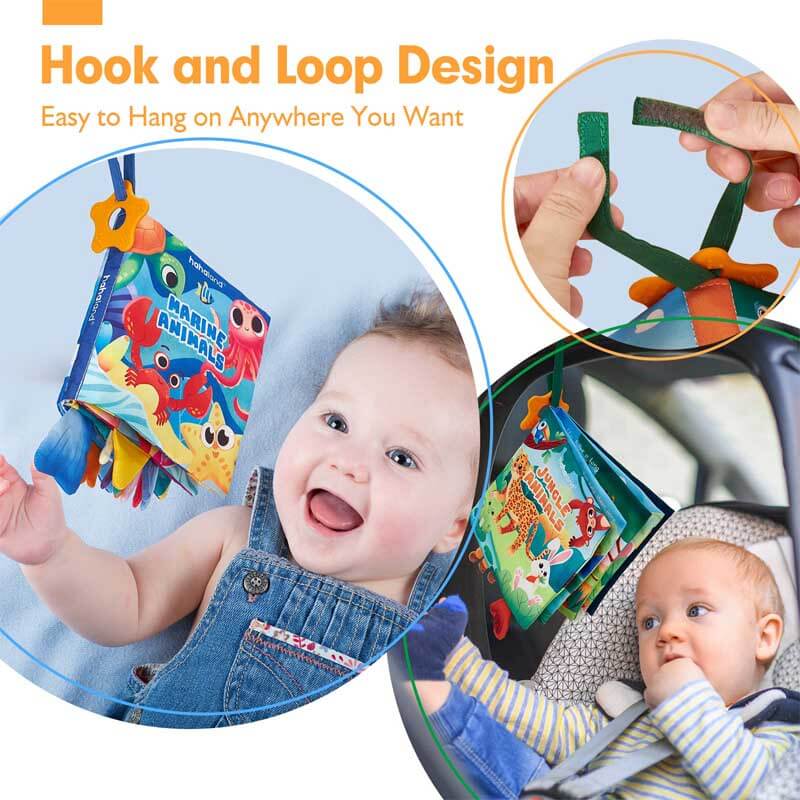 High-angle view of a Baby's Soft Fabric Animal Tail Touch Book, an engaging developmental toy.