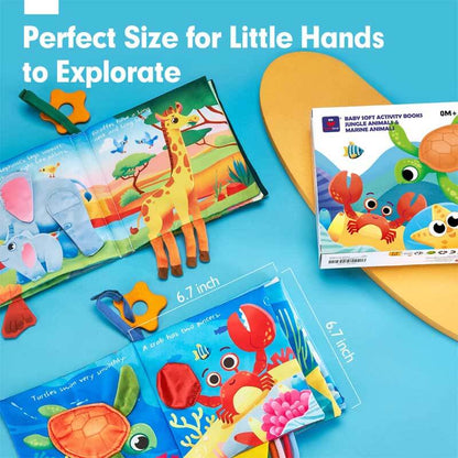 Various animal tails visible on a soft fabric baby book, enhancing infant sensory experience.