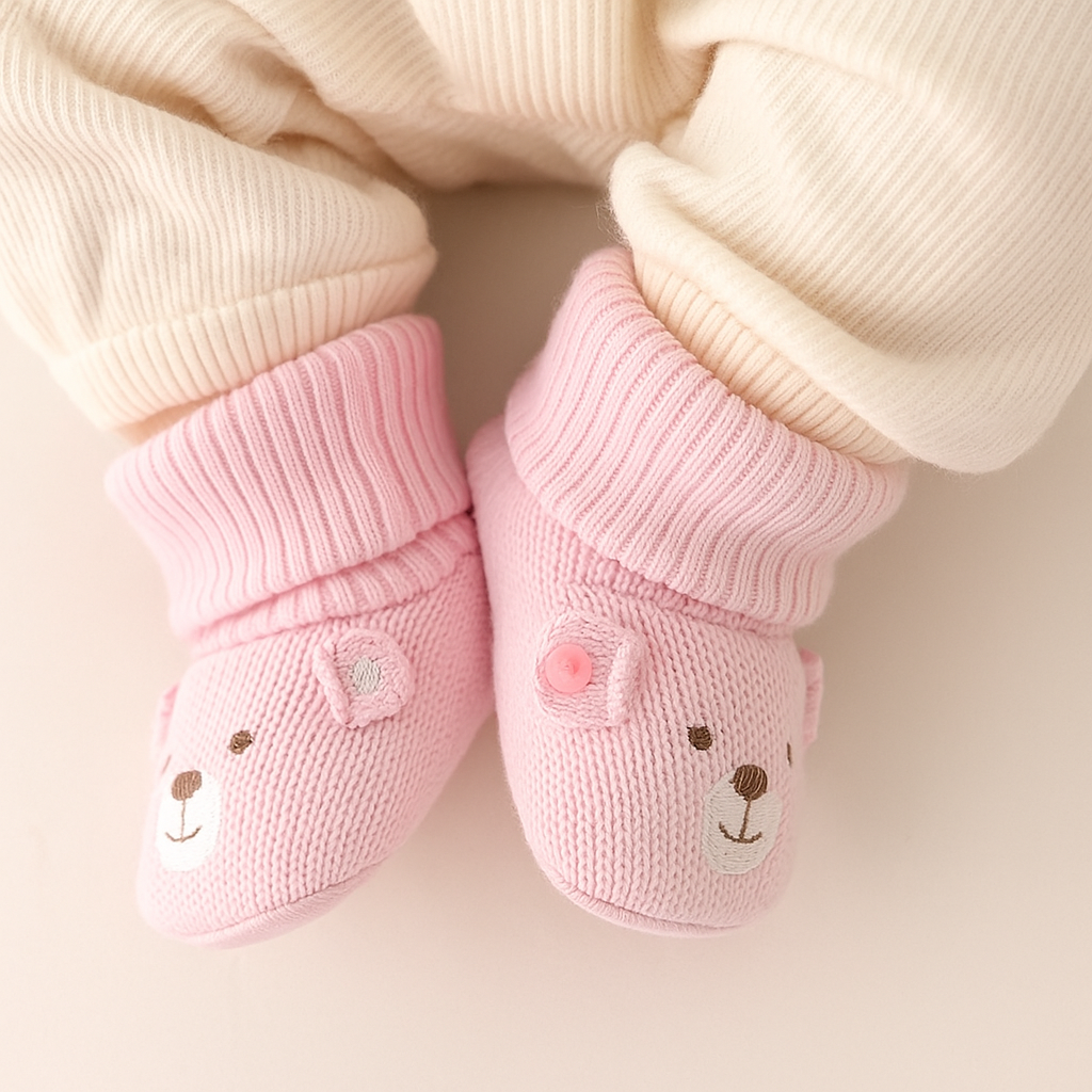 Close-up of cozy, soft sole winter booties for newborns, featuring non-slip grip.
