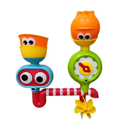 Infant bath toy with spinning waterwheel, designed for engaging bath time play and skill development