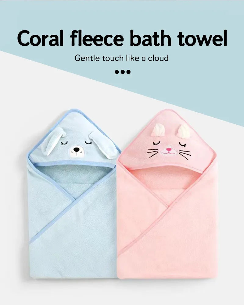 Absorbent infant hooded towel with cute cartoon details for a cozy dry off