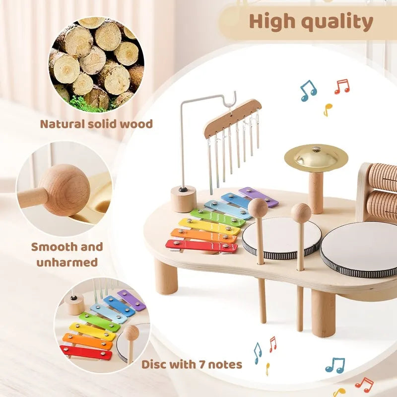Wooden musical instrument play set for baby, focusing on Montessori education