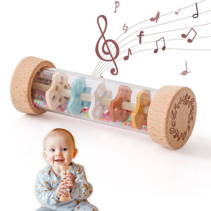 Baby's wooden sensory rain stick, vibrant colors, clear tube with cascading beads, musical educational toy