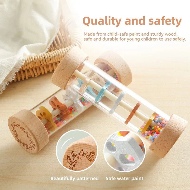 Set of baby rain sticks, various sizes, natural wood, clear, engaging musical instruments for kids developmental play
