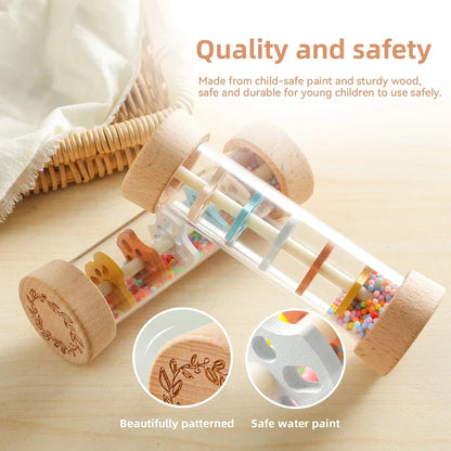 Set of baby rain sticks, various sizes, natural wood, clear, engaging musical instruments for kids developmental play