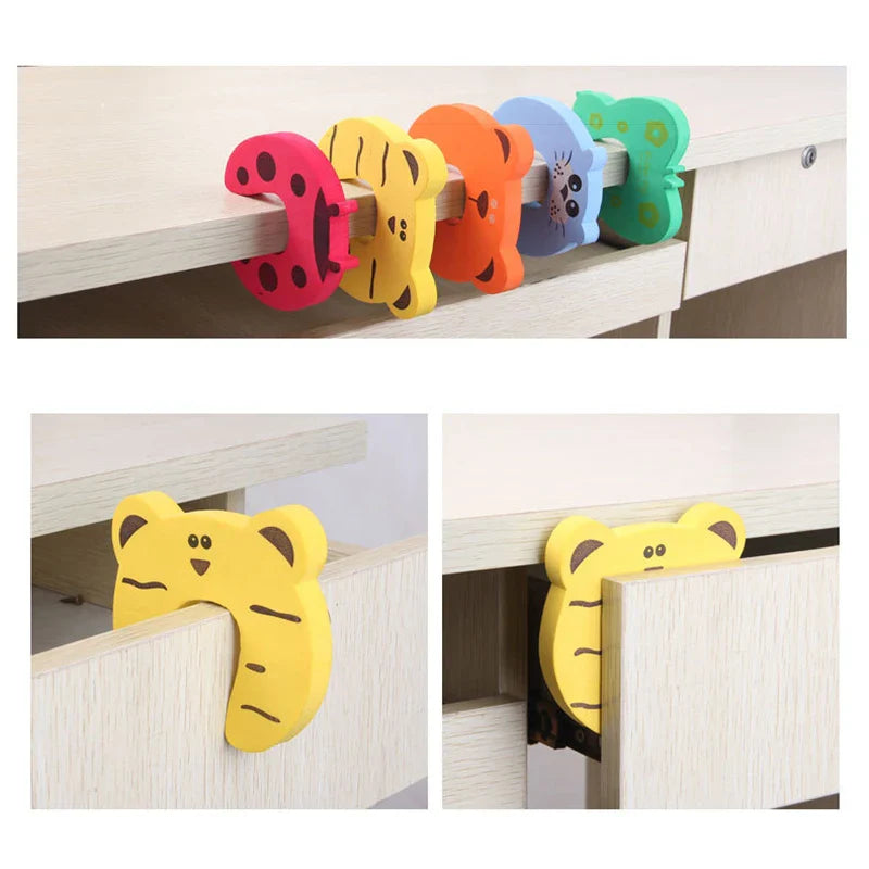 Close-up of a white baby safety cabinet lock installed on furniture, ensuring child protection.