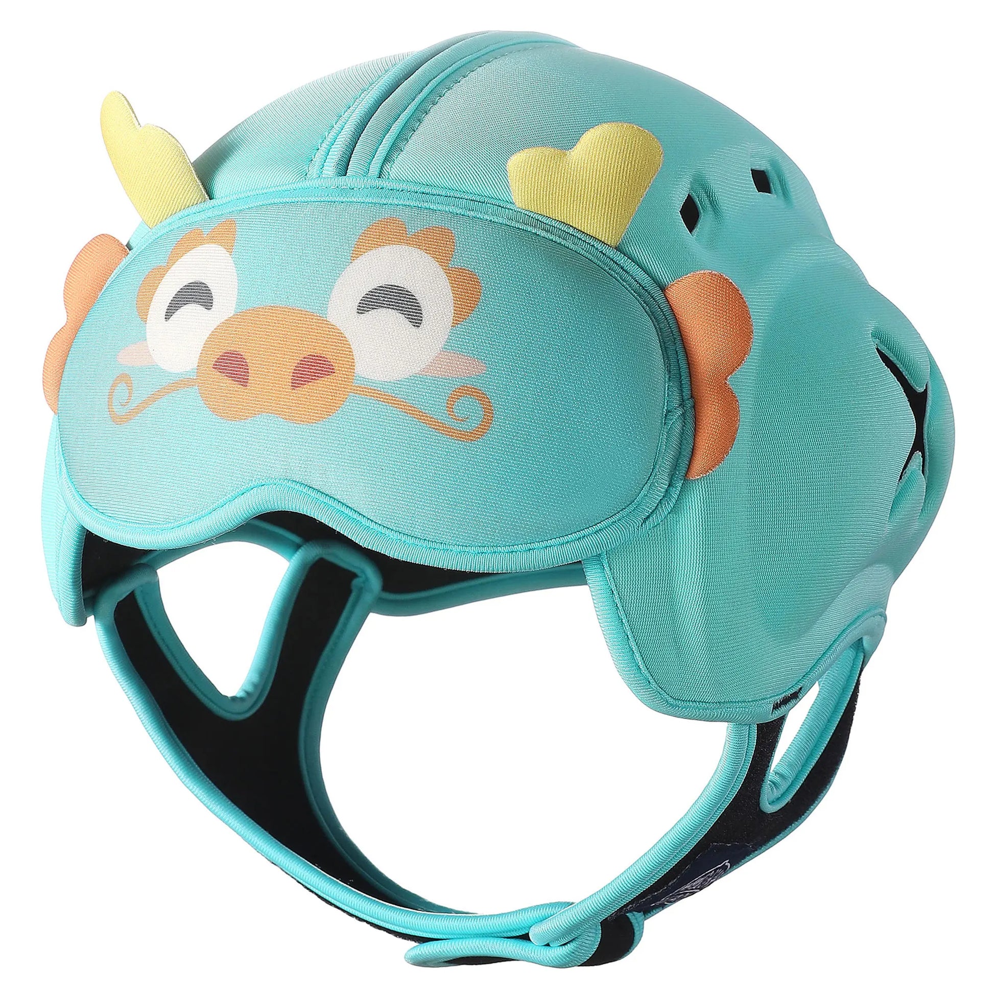 Baby safety helmet with cute lion design, soft cotton, adjustable for crawling & walking infants.