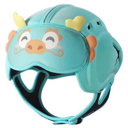 Baby safety helmet with cute lion design, soft cotton, adjustable for crawling & walking infants.
