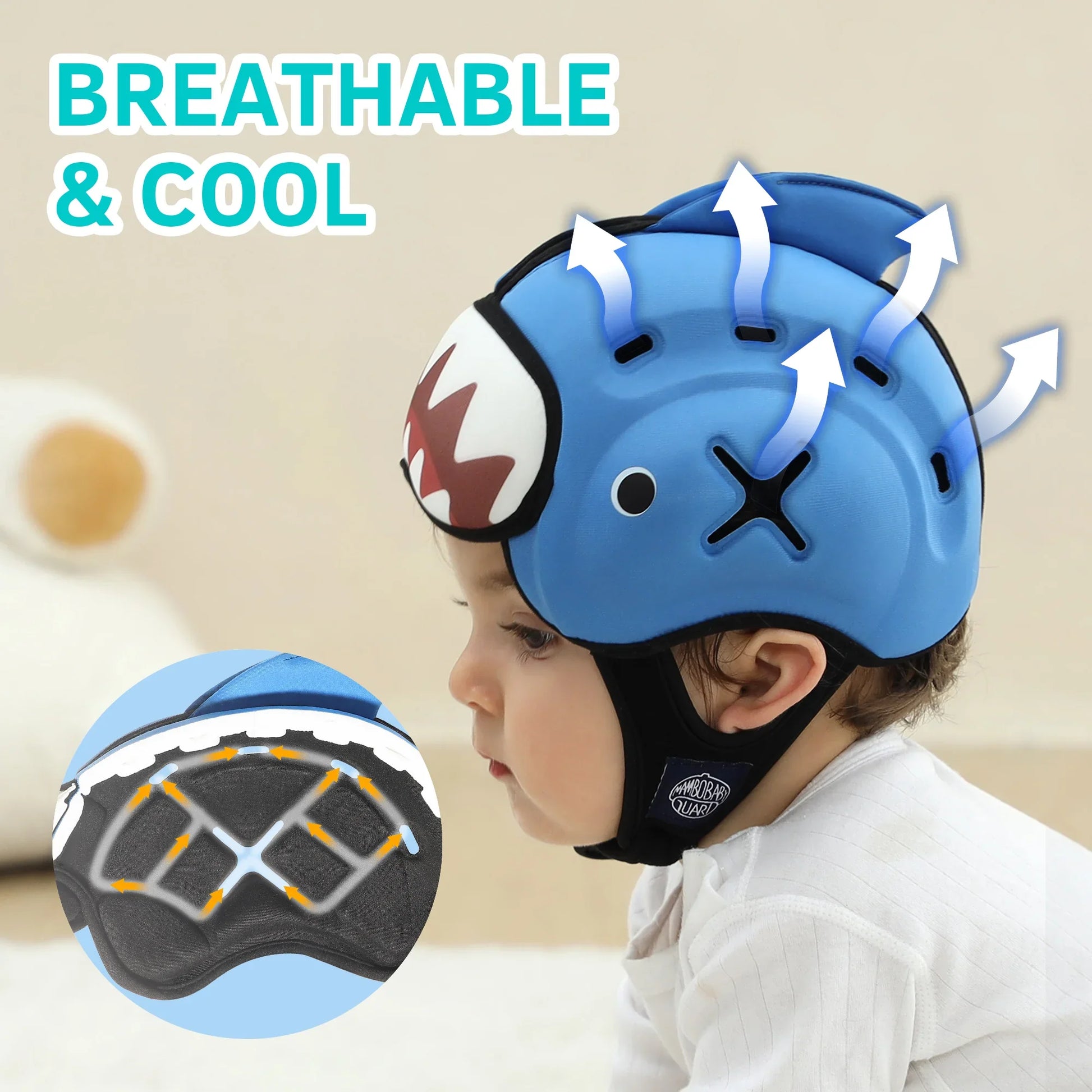 Infant head protection helmet, blue with playful elephant ears, breathable fabric for active toddlers.