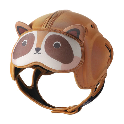 Infant safety helmet showcasing a gentle bear face, adjustable strap for perfect fit.