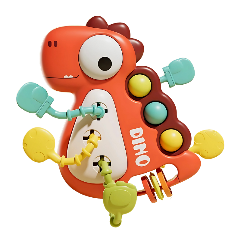 Colorful silicone baby toy designed for sensory exploration and motor skill development, featuring pull strings.
