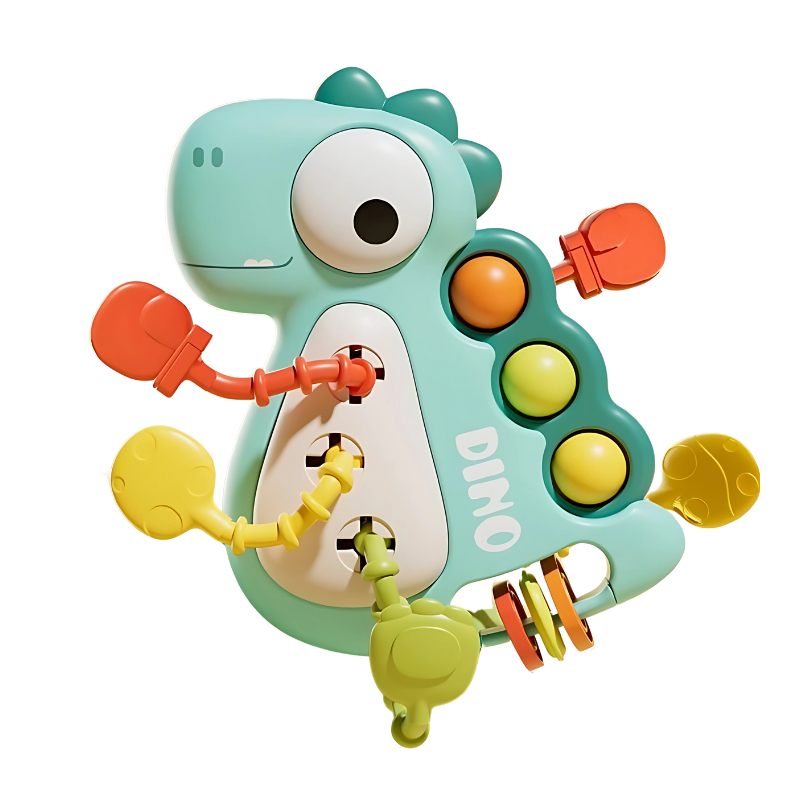 Developmental baby toy for infants, combining sensory features and teether functionality, supporting fine motor skills.