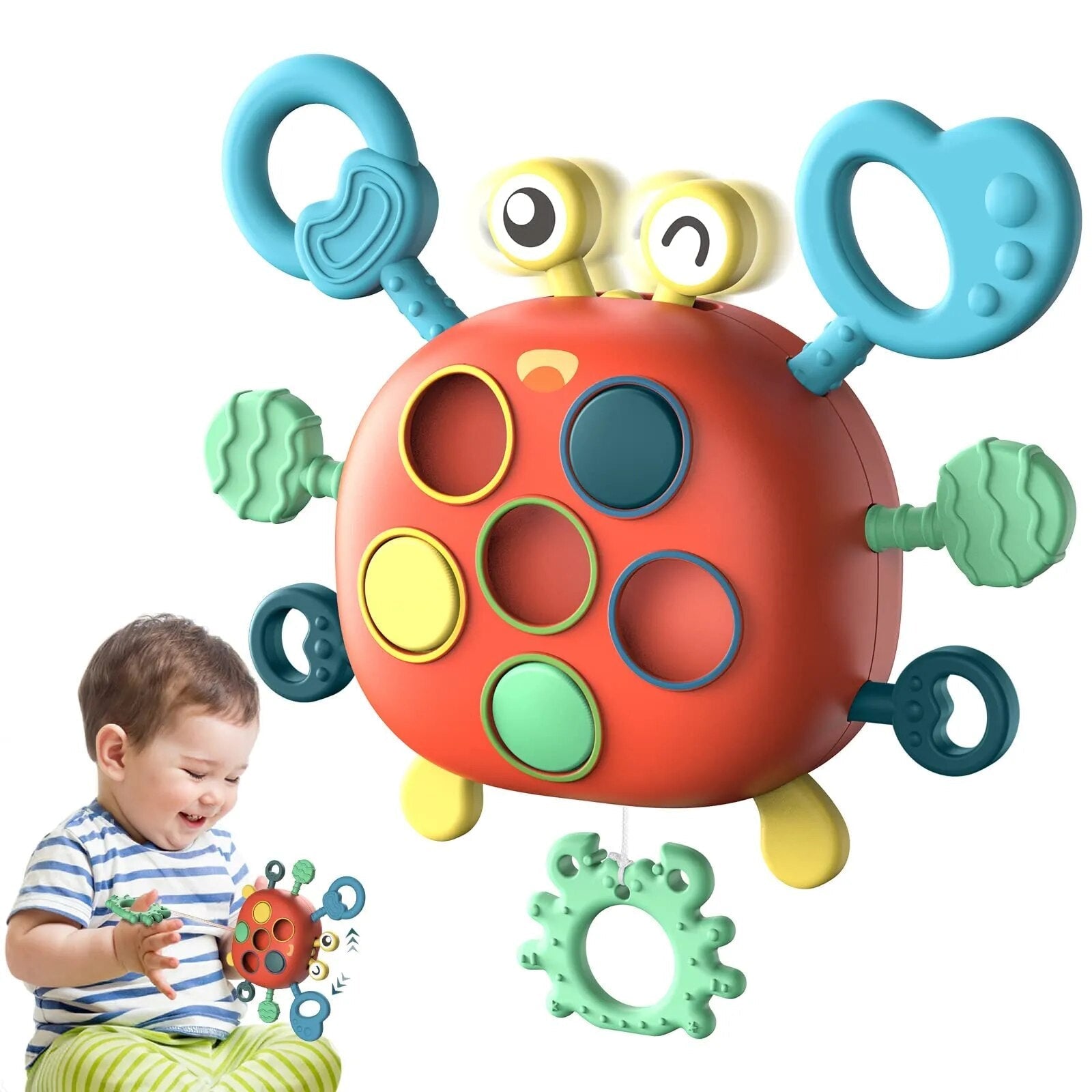 Montessori infant crab activity toy featuring silicone pull strings and textured parts for sensory play.